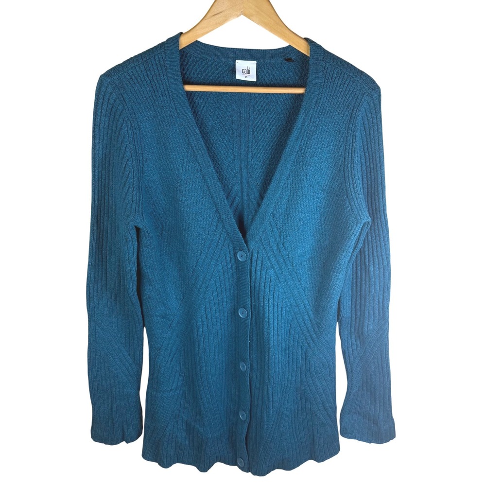 Cabi Teal Ribbed V Neck Button Front Cardigan Sweater Size Med Career Officewear